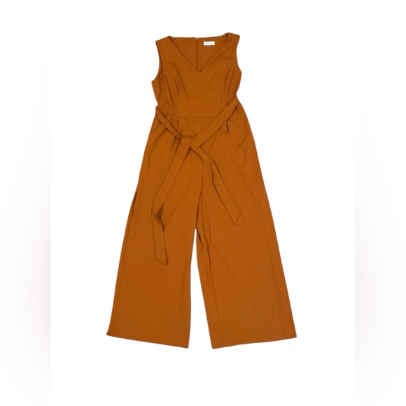 Calvin Klein Pants - Calvin Klein Wide Crop Leg Jumpsuit V Neck Tie Belt SZ 12 Burnt Orange